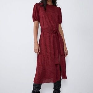 Zara Women's Red Polka Dot Midi Dress with Tie Waist Size S